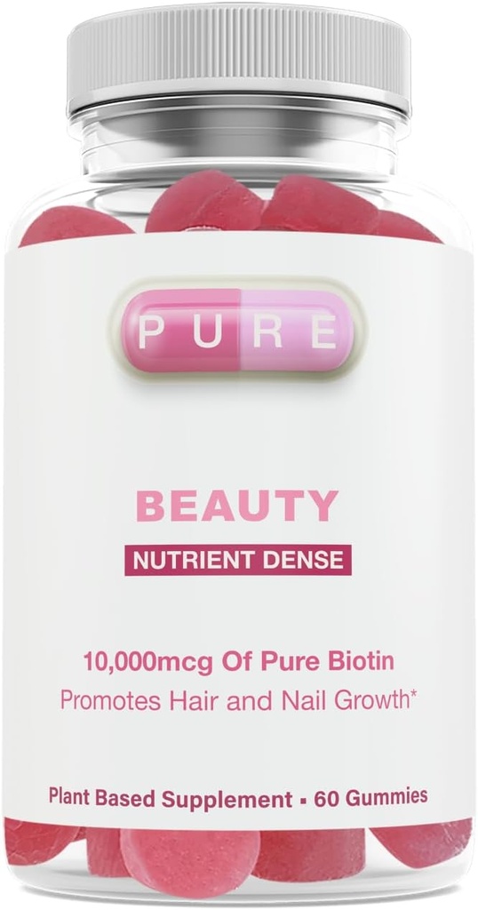 Pure Beauty | 10,000mcg of Pure Biotin | 60 Delicious Plant Based Gummies | Healthy Hair, Skin & Nail Support | by Pure, INC.