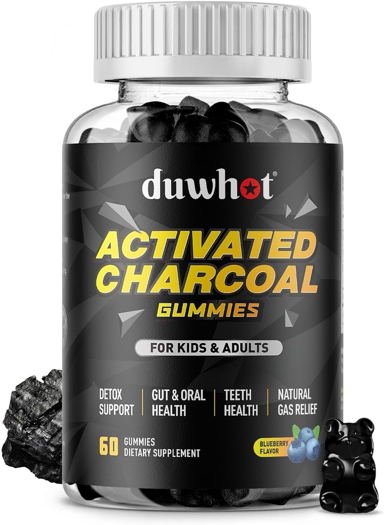 Gafas de carbón activadas para niños, 500 mg suplemento de carbón activado para gas Alivio, Detox, Salud Digestiva y Oral, Flavor de Blueberry Vegan, 60 Conde