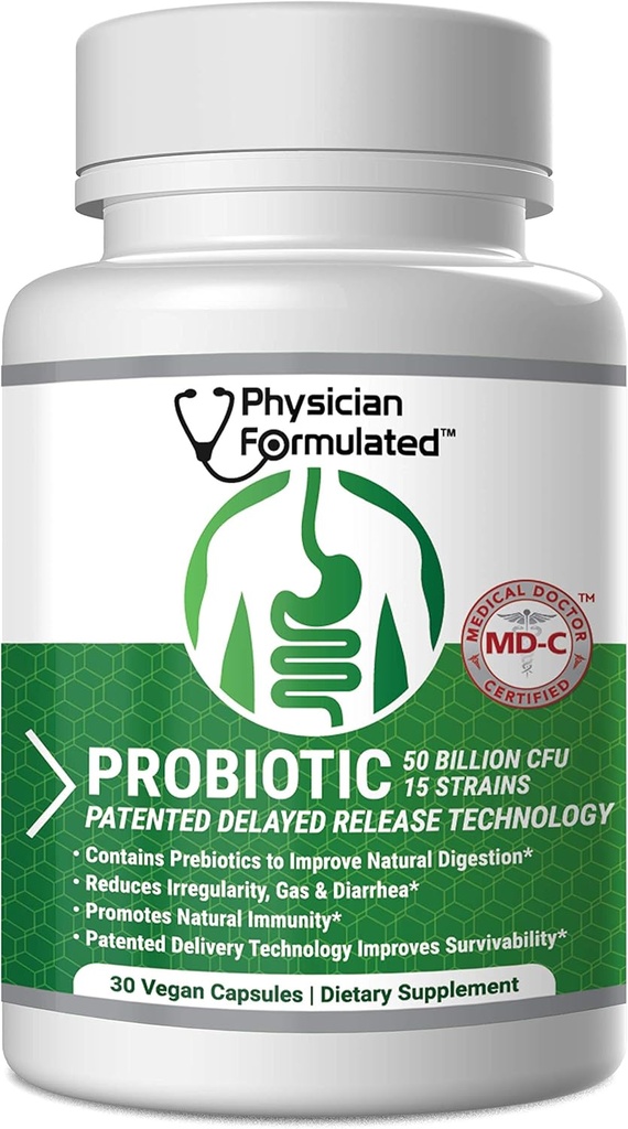 Probiotics for Women & Men - 50 Billion 15 Strains Slow Release DR Capsules & Prebiotics to Improve Digestive Health, Immune Support Supplement Full Month Supply