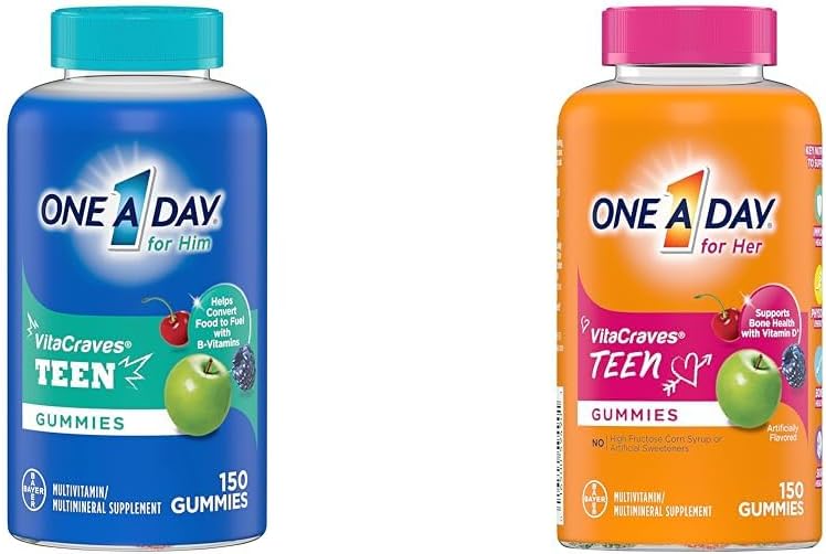 UNA DÍA Adolescente para él Gummies multivitamínicas " Adolescente para sus Gummies multivitamínicos, Gummy Multivitamínicos con vitamina A, C, D, E y Zinc para el apoyo a la salud inmune, energía física " Más, 150 Conteo