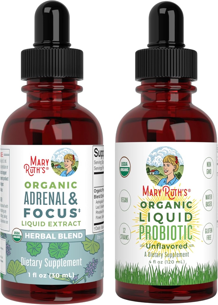 MaryRuth Orgánicos Suplemento Probiótico para Mujeres Hombres Salud Adrenal &amp; Suplemento Focus, 2-Pack Bundle, Digestive & Gut Health, Cortisol Health, Stress Relief, Focus Nootropic Brain Supplement