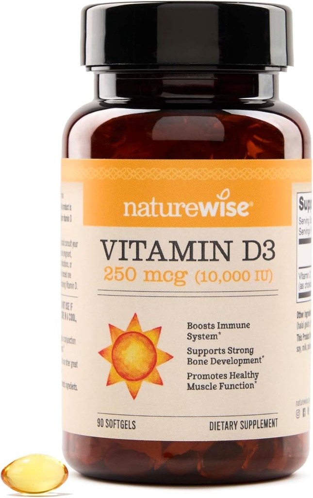 NatureWise Vitamin D3 10,000IU (250 mcg) 90-Day Supply - High Potency for Healthy Immune Support &amp; Muscle Function, Non-GMO, Gluten-Free in Organic Extra Virgin Olive Oil, (Mini Softgel), 90 Count