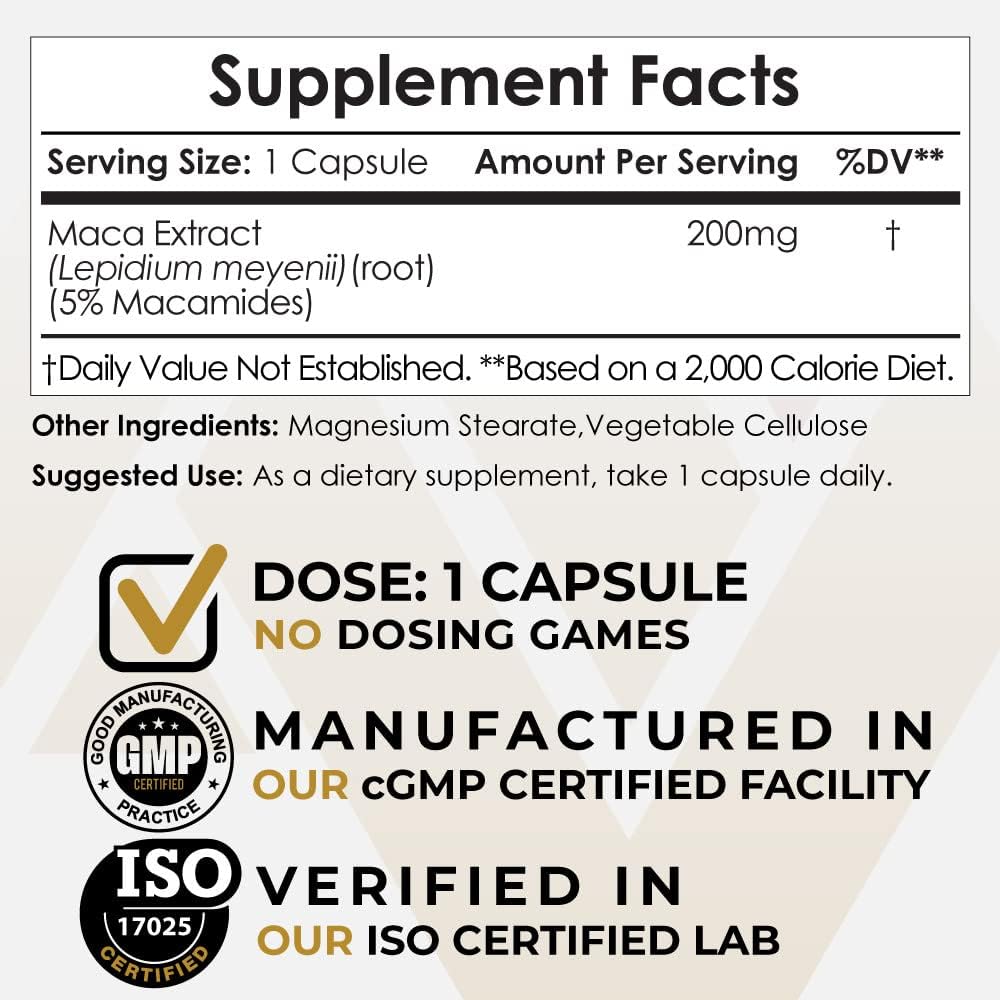 Maca Extract Capsules tención 5% Macamides Silencio Lepidium meyenii ← Mood, Energy y Vitality tención 60 Conde
