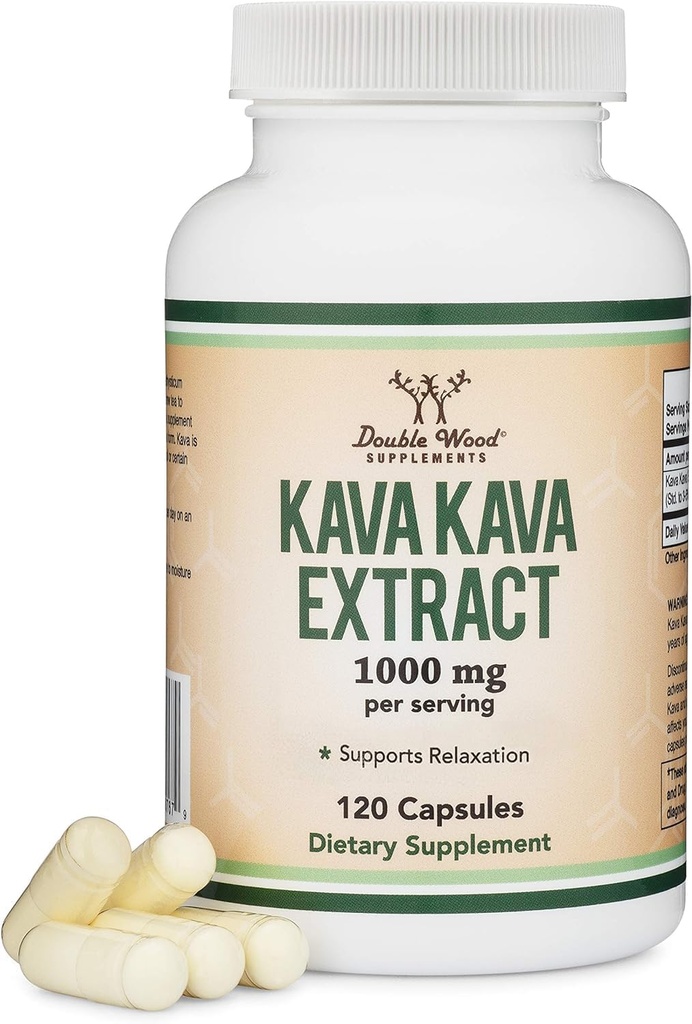Kava Kava Capsules 1,000mg per Serving, 120 Count (High Purity Potent 3-5% Kavalactones Root Extract) Kava Powder Root Extract for Relaxation (Non-GMO, Vegan Safe) by Double Wood