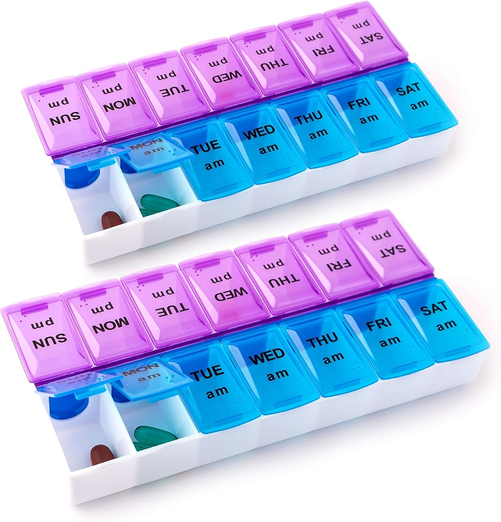 Deke Home - Organizador de píldoras 2 veces al día (2 Pack), Caja de Píldora semanal AM PM, Organizador de 7 Días de la Mañana y la Noche de la Medicina, Contenedor diario libre de BPA, Caja de Píldora de Viajes Fáciles, 7.8"x3.6"x1.3"