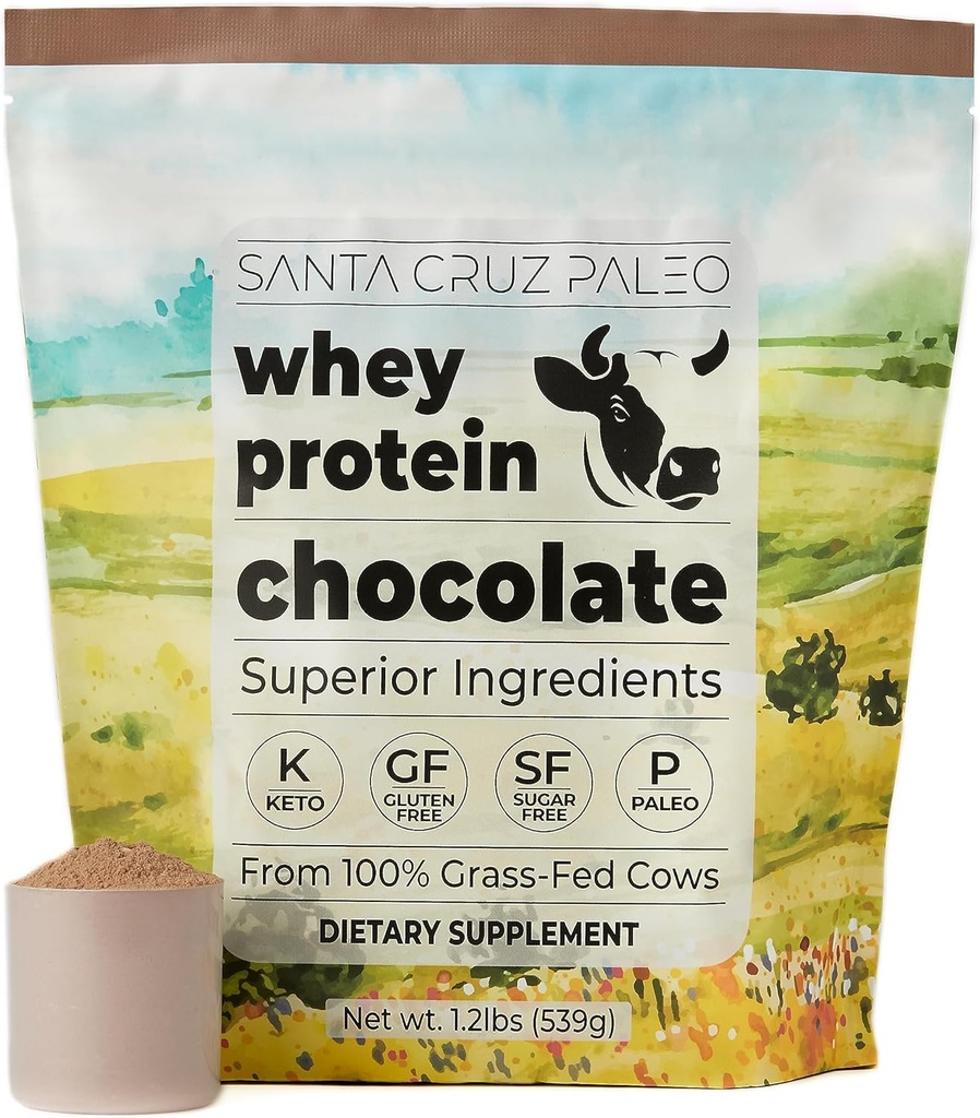 Santa Cruz Paleo Whey Protein Powder, Chocolate Flavor, 20 G Grass Fed Whey Protein Isolate Por Serving, Gluten Free, Paleo & Keto Friendly, No Sugar Añadido, Protein Shake Mix, 20 Servings, 1.2 lb Bag