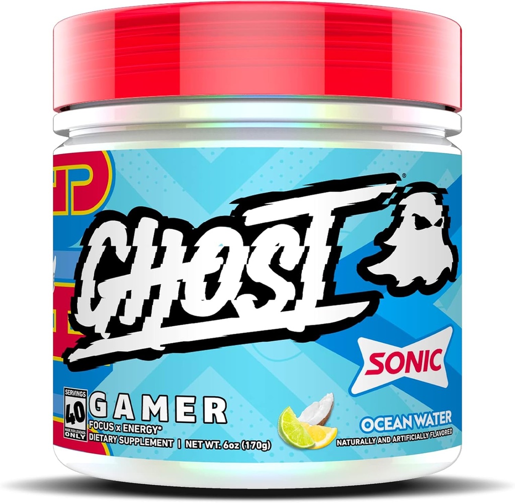 GHOST Gamer: Energy and Focus Support Fórmula - 40 Servings, Sonic Ocean Water - Nootropics & Natural Caffeine for Atención, Precisión & Tiempo de reacción - Vegan, Gluten-Free