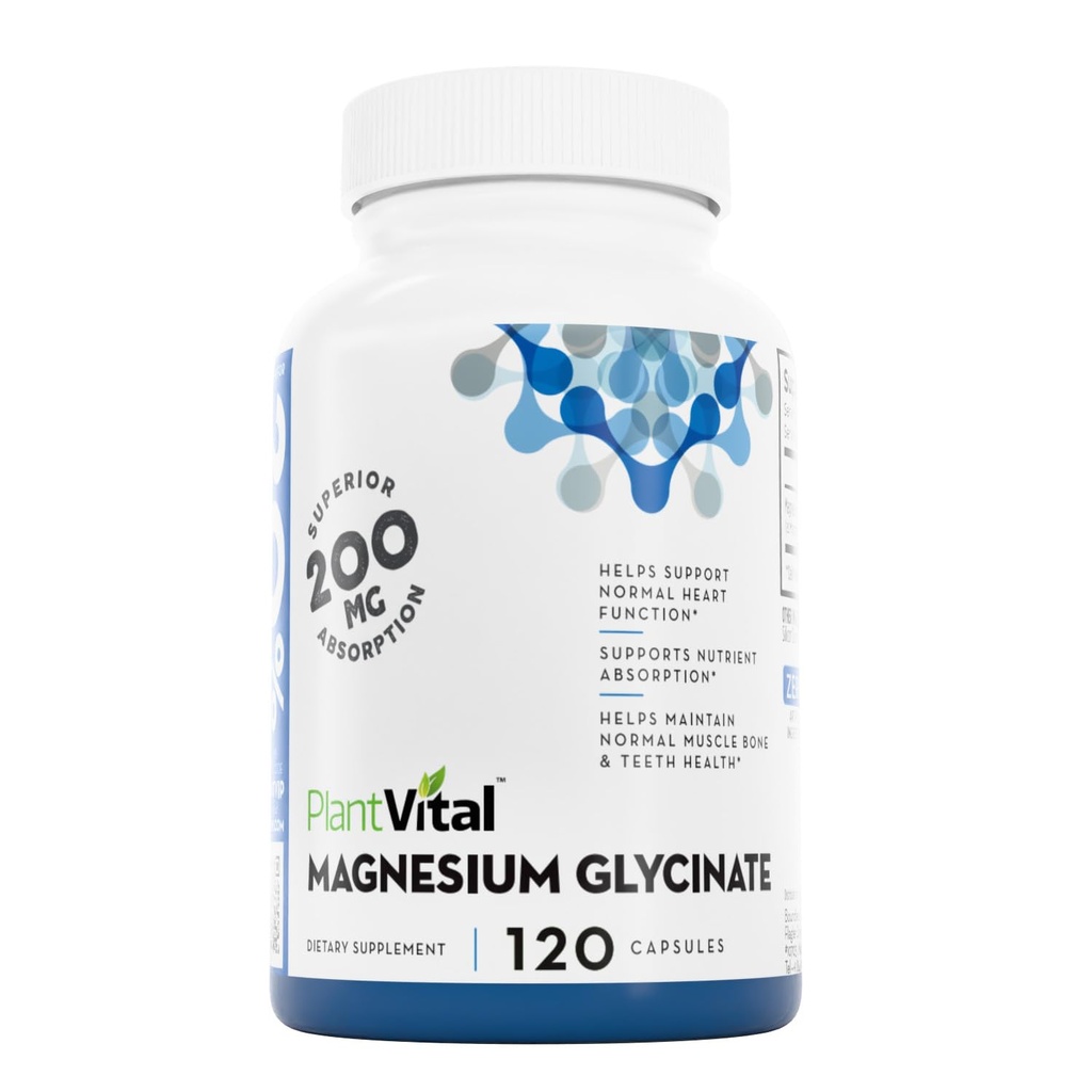 PlantVital Magnesium Glycinate 200mg 120 Capsules - Alta Absorción, No GMO, Vegan, Libre de gluten - Asistencias sueño normal, músculo " función nerviosa, corazón normal " salud ósea, ayuda a sentir calma " Relájate