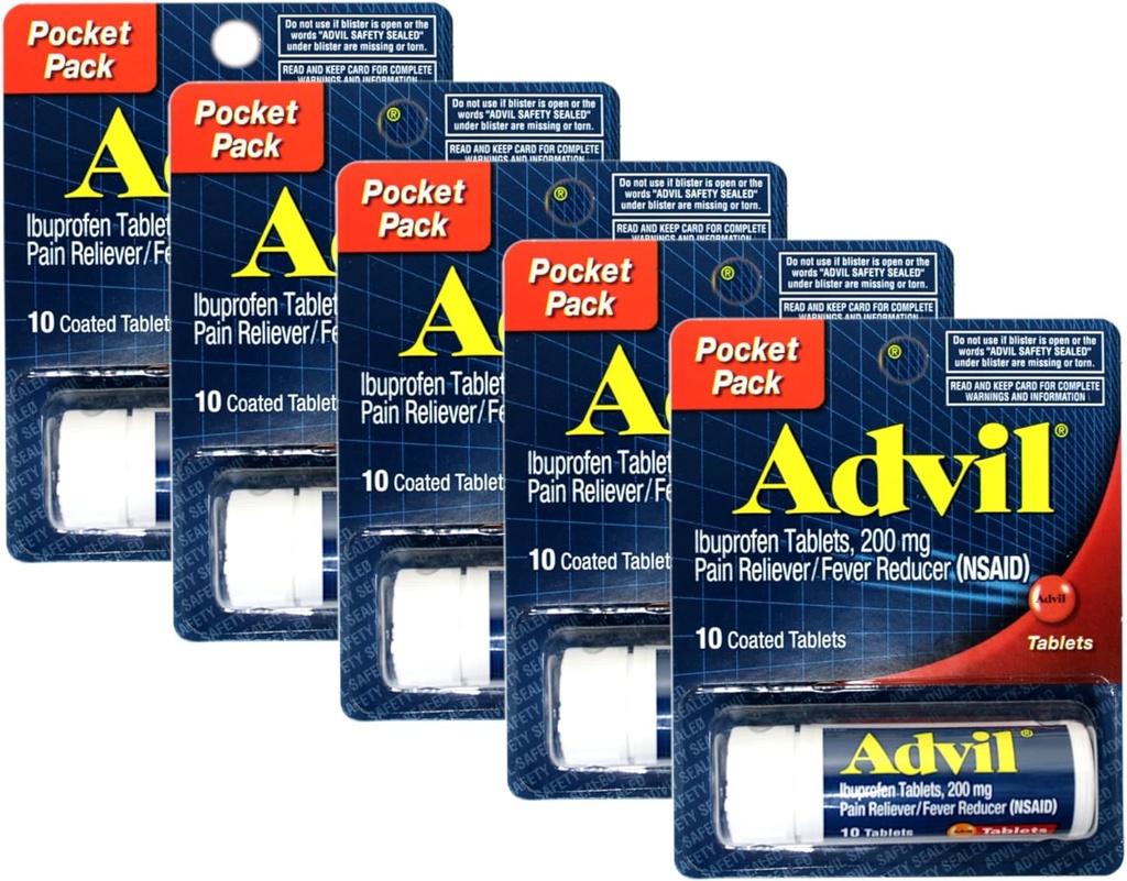 Advil Ibuprofen 200mg (NSAID) Pocket Pack, 10 Coated Tablets (Pack of 5)