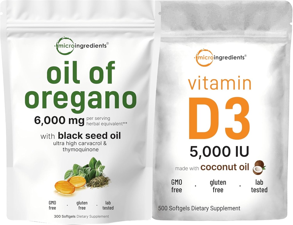 Micro Ingredientes Aceite de Oregano Softgels 6.000mg Por Serving & Vitamin D3 5,000 IU Bundle Pack ← 4X Strength Carvacrol & Thymoquinon ← Vitamin D como Cholecalciferol