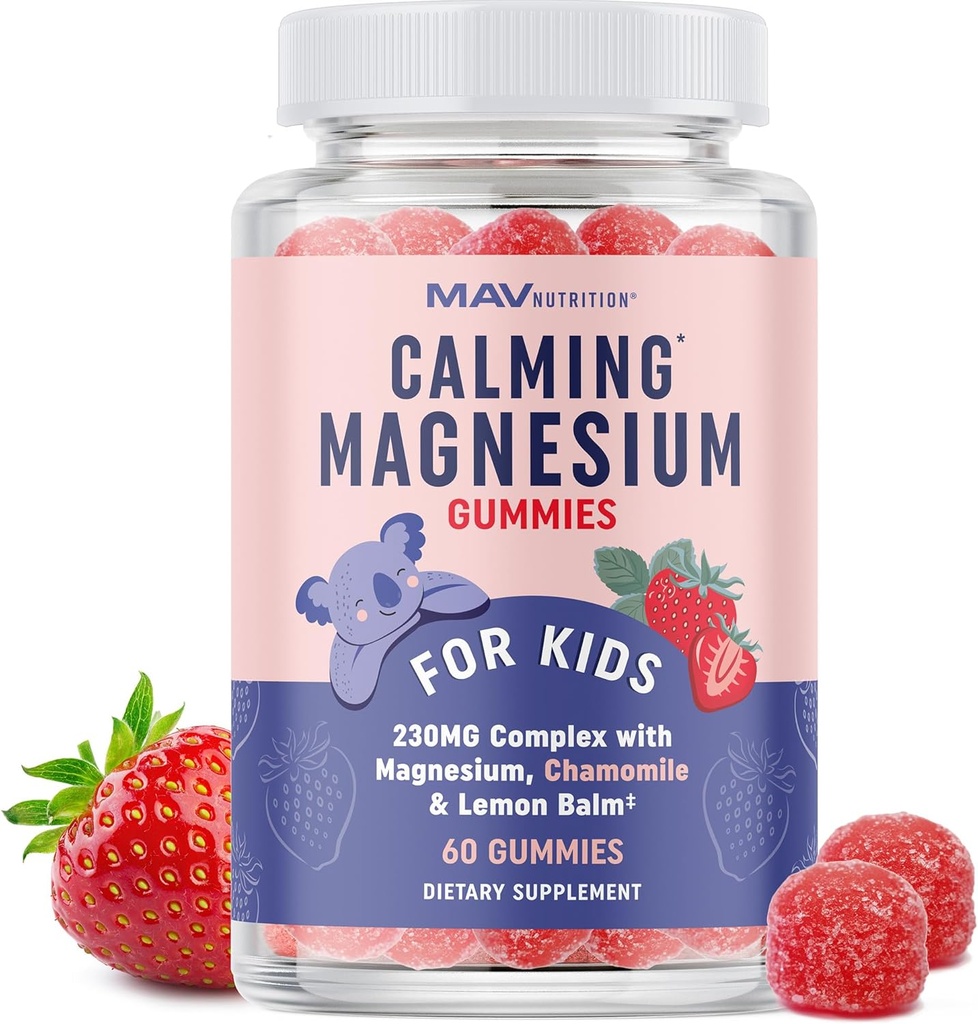 Magnesium Calming Gummies for Children ← Strawberry ← Relajación " Natural Wake-Sleep Cycles ← Relajando el Magnesio para niños con manzanilla " Lemon Balm  durable Non-GMO, Gluten-Free ← Calm Gummies 60ct
