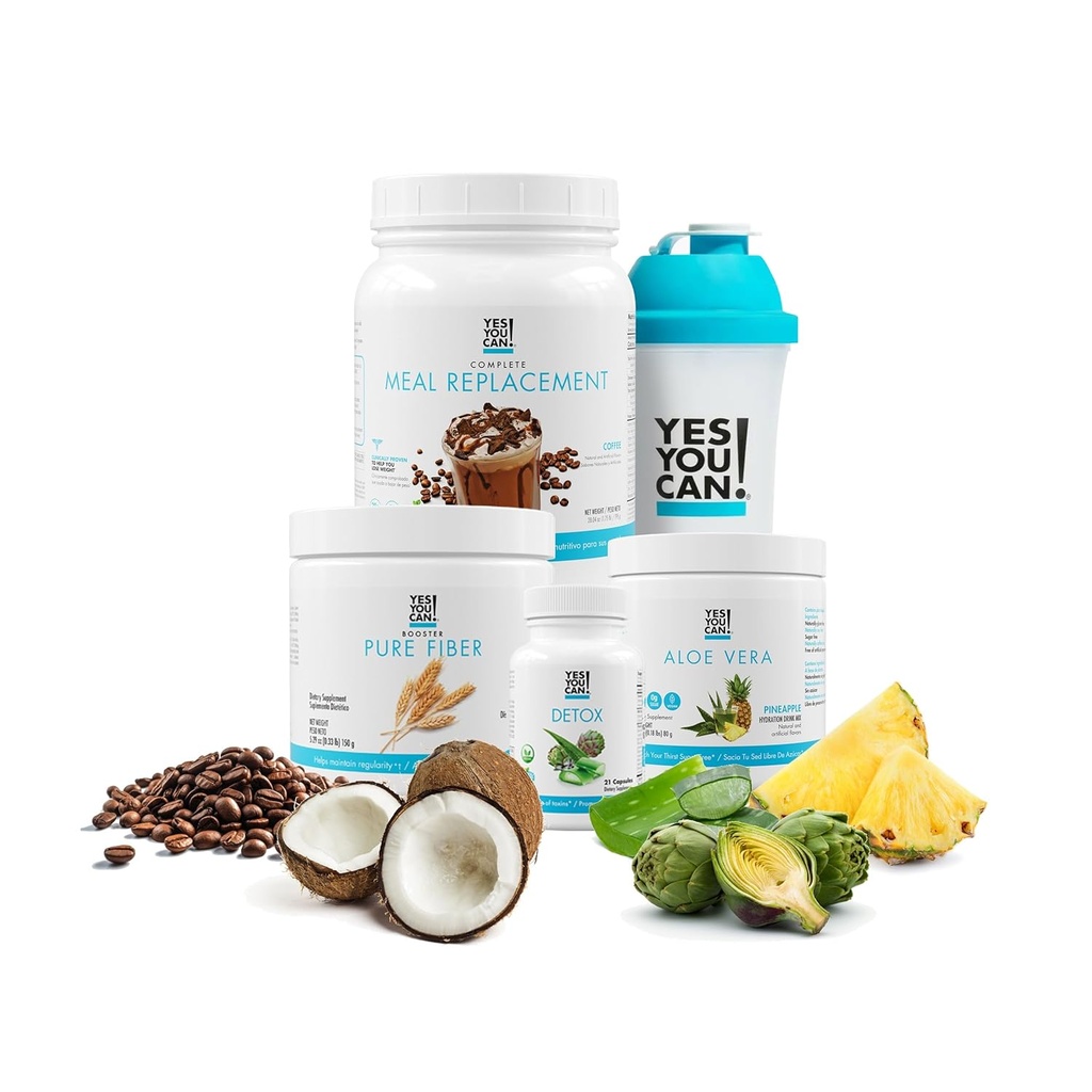Sí Puedes! Detox Plus Kit, Limpieza diaria Reemplazo de fibra pura, Mezcla de bebida, Booster de afeitar y suplemento, Kit de limpieza corporal para mujeres, Limpieza diaria del sistema - Café, Aloe Vera Hibiscus
