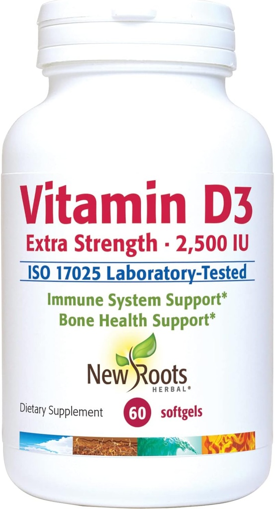 NUEVAS ROOTS HERBAL Vitamina D3 2,500 UI (62,5 mcg) dura Healthy Muscle Function ← Immune Support ← No Gluten-Free (60 Softgels)