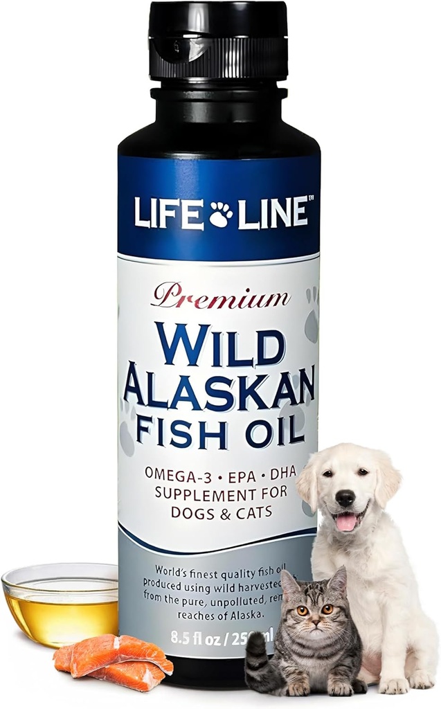 Life Line Pet Nutrition Wild Alaskan Fish Oil Omega-3 Suplemento para Skin & Coat – Soporta Brain, Eye & Heart Health in Dogs & Cats, 8.5oz