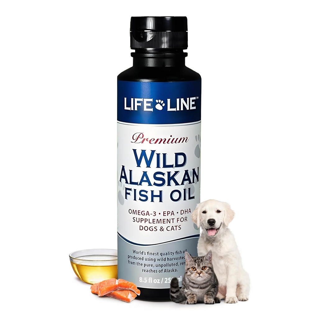 Life Line Pet Nutrition Wild Alaskan Fish Oil Omega-3 Supplement for Skin & Coat – Supports Brain, Eye & Heart Health in Dogs & Cats, 8.5oz