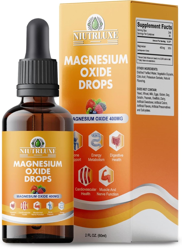 gotas de óxido de magnesio líquido 400 mg - Suplemento de óxido de magnesio líquido para el hueso, el músculo y la salud del corazón, óxido de magnesio sublingual, alta potencia, fácil de absorber, 60 ml