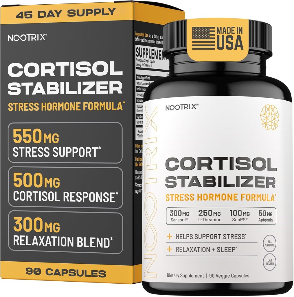Nootrix Cortisol Manager &amp; Stabilizer Supplement TEN Supports Deep Sleep, Relaxation, Adrenal Health & Stress TEN 300mg Ashwagandha ANTE L-Theanine, Rhodiola Rosea Extract &amp; Apigenin TEN 90 Capsules
