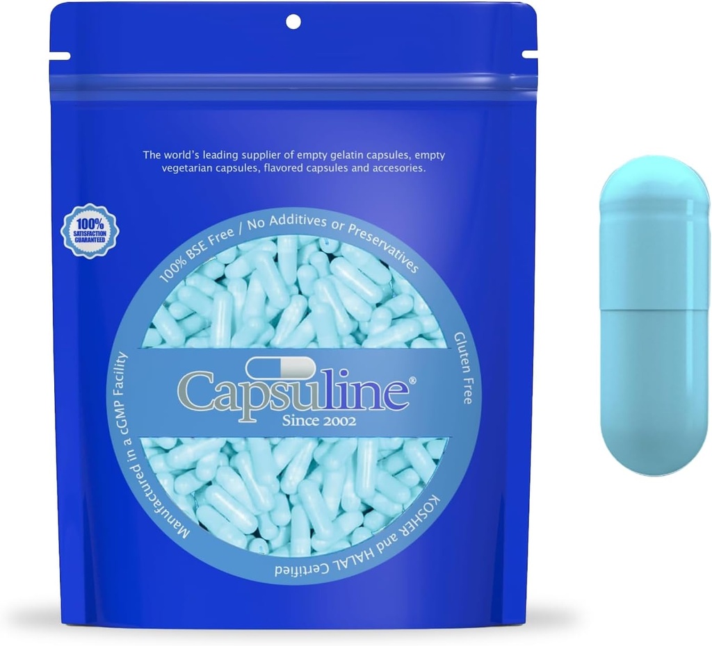 Capsulina Coloreado Tamaño 00 Empty Vegan Capsules - 1000 Conde - Empty Veggie Pill Capsules - DIY Vegetable Capsule Filling - Empty Caps - Kosher y Halal Certified - Non-GMO Certified (Aqua Blue)