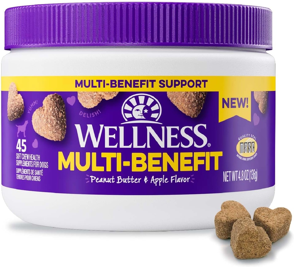 Wellness Peanut Butter & Apple Flavored Soft Chews Multi-Benefit Suplementos para perros, 45 Conde