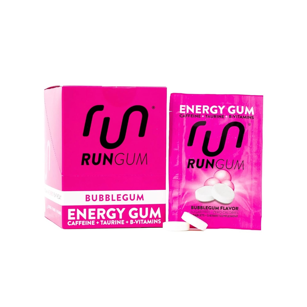 RUN GUM Bubblegum Energy Chewing Gum 50mg Caffeine Taurine & B-Vitamins Por Piece, 24 piezas (Pack of 12) Sugar Gratis, Zero Calorie, No Aspartame y Gluten Free