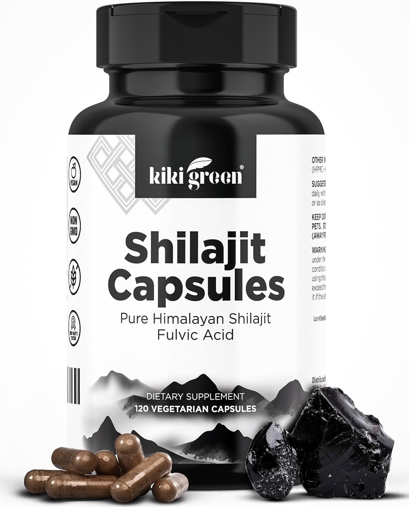 KIKI Green Shilajit Capsules - Himalayan Supplement, 40% Fulvic Acid and Trace Minerals - 500 mg per Serving for Strength, Energy, Immunity - 120 Vegan Count