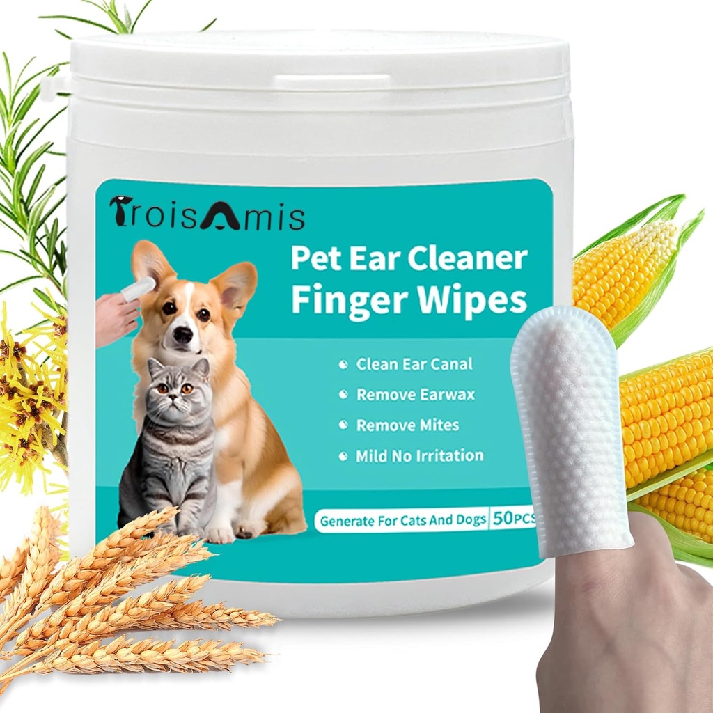 TroisAmis Pet Ear Cleaning Finger Wipes for Dog and Cat, Thick Dog Ear Cleaner Wipes with Gentle and Natural Ingredient, Remove Earwax, Debris-Sooth &Deodorize-Relieve Ear Itch &amp; Inflammation-50 Count