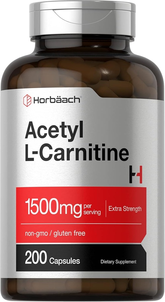 Horbäach Acetyl L-Carnitine 1500mg  200 Capsules ← Extra Strength Supplement ← Non-GMO &amp; Gluten Free