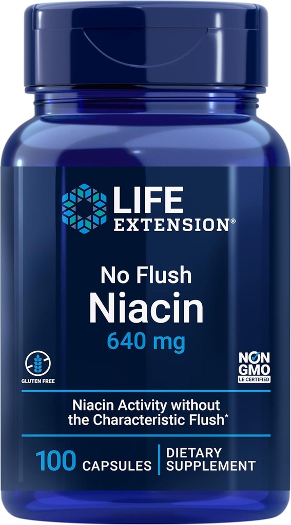 Extensión de vida No Flush Niacin, B3 para la salud del corazón, Cholesterol & Energy Support, Non-GMO, Gluten-Free, 100 cápsulas