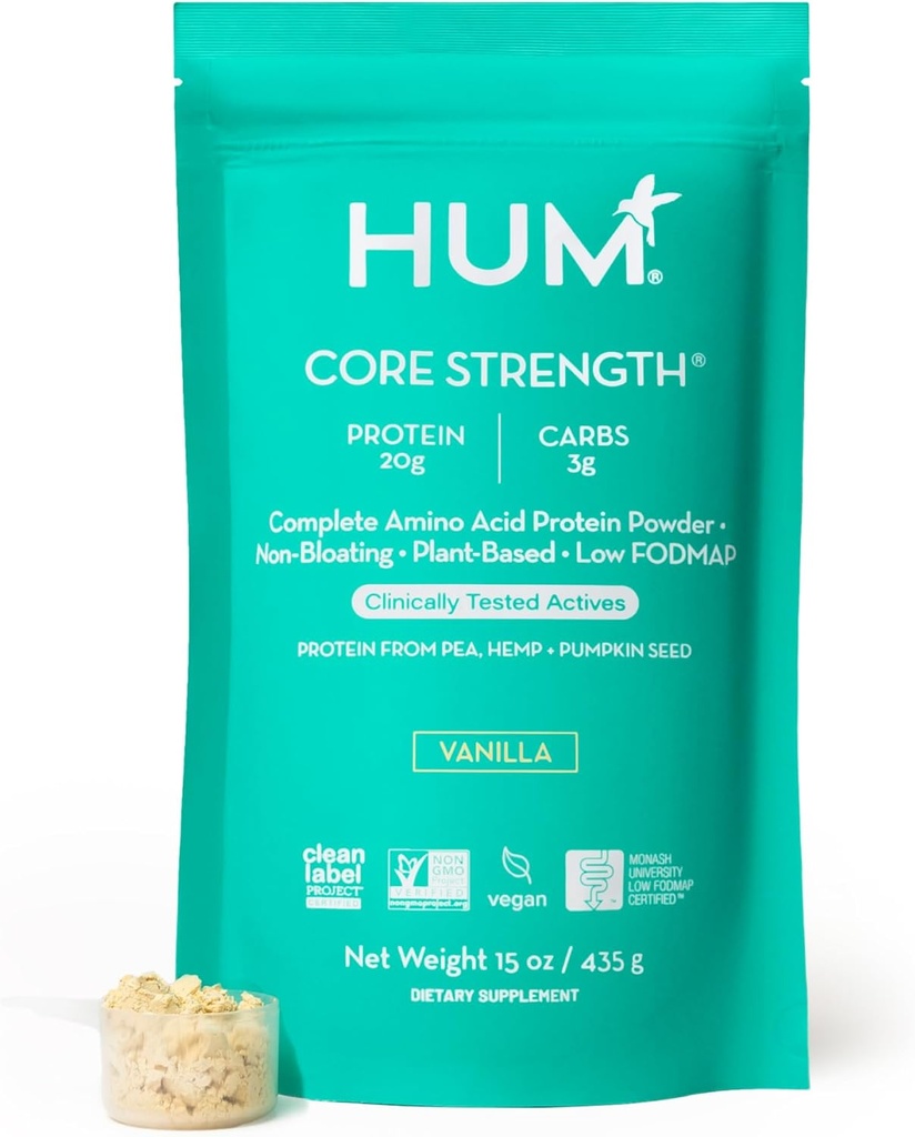 HUM Core Strength Vanilla Vegan Protein Powder, Gluten Free, Plant Based, 20g Protein per Serving, Amino Acids, Pea Hemp & Pumpkin Proteins, Low Fodmap, Gut-Friendly, Easy to Digest, 15 Servings