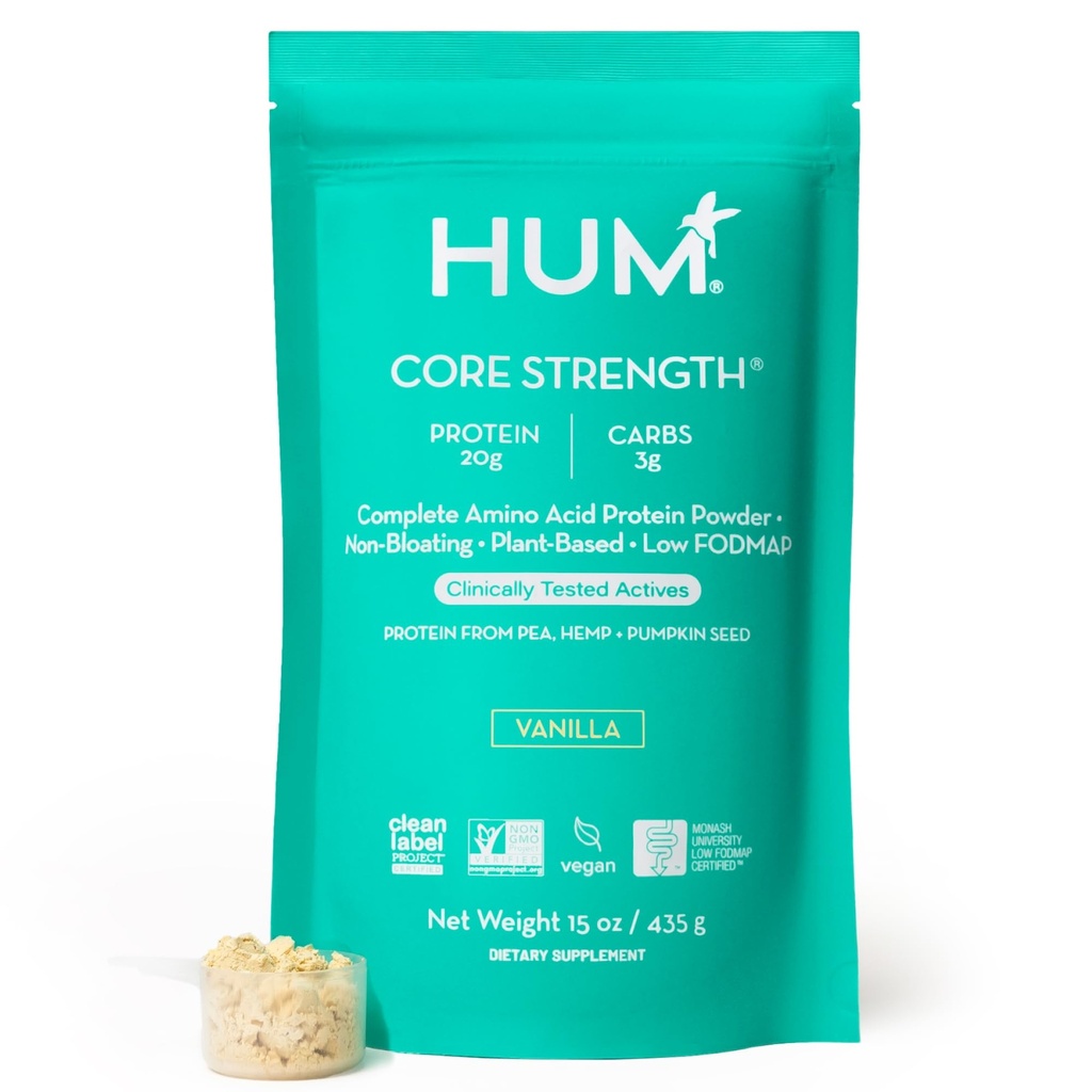 HUM Core Strength Vanilla Vegan Protein Powder, Gluten Free, Plant Based, 20g Protein per Serving, Amino Acids, Pea Hemp & Pumpkin Proteins, Low Fodmap, Gut-Friendly, Easy to Digest, 15 Servings