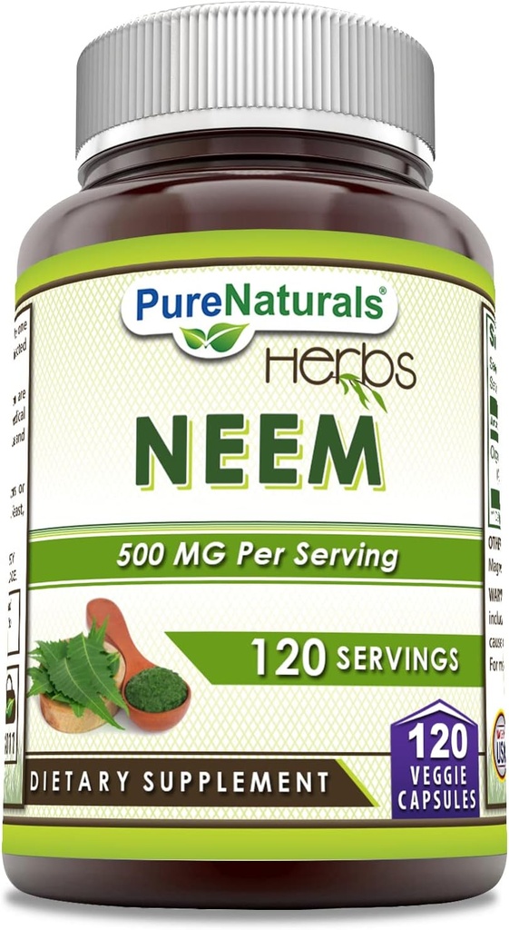 Pure Naturals Neem (Made with Natural Neem Leaf) ← 500mg 120 Veggie Capsules Suplemento Silencio Non-GMO Silencio Gluten Free ← Made in USA ← Ideal para los vegetarianos