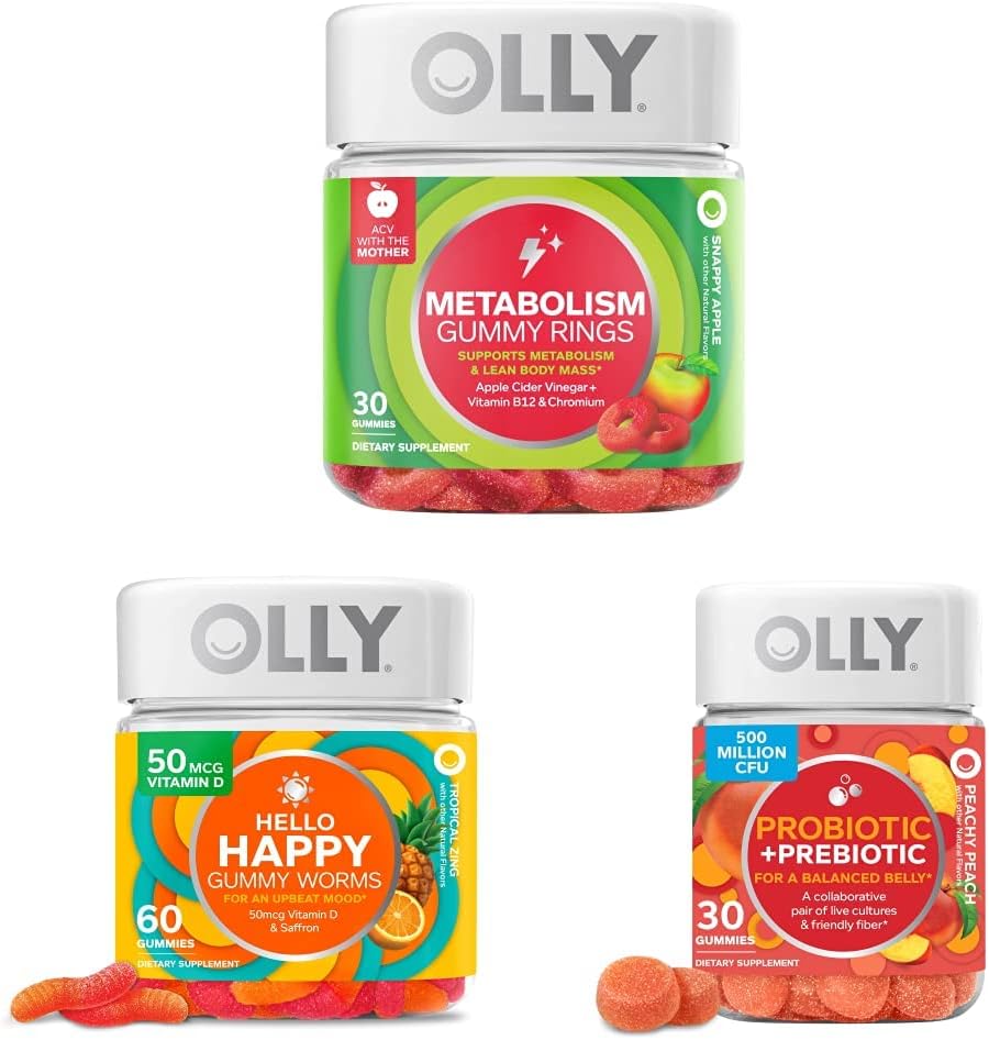 OLLY Metabolism Gummy Rings, Apple Sider Vinegar, Vitamina B12, Cromo, Energía y Salud Digestiva, Suplemento Chewable, Apple Flavor - 30 Conde y OLLY Hello Happy Gummy Worms, Mood Balance Support, Vitamina D, Saffron, Adult Chewable Suplemento, Tropical Zing - 60 Conde