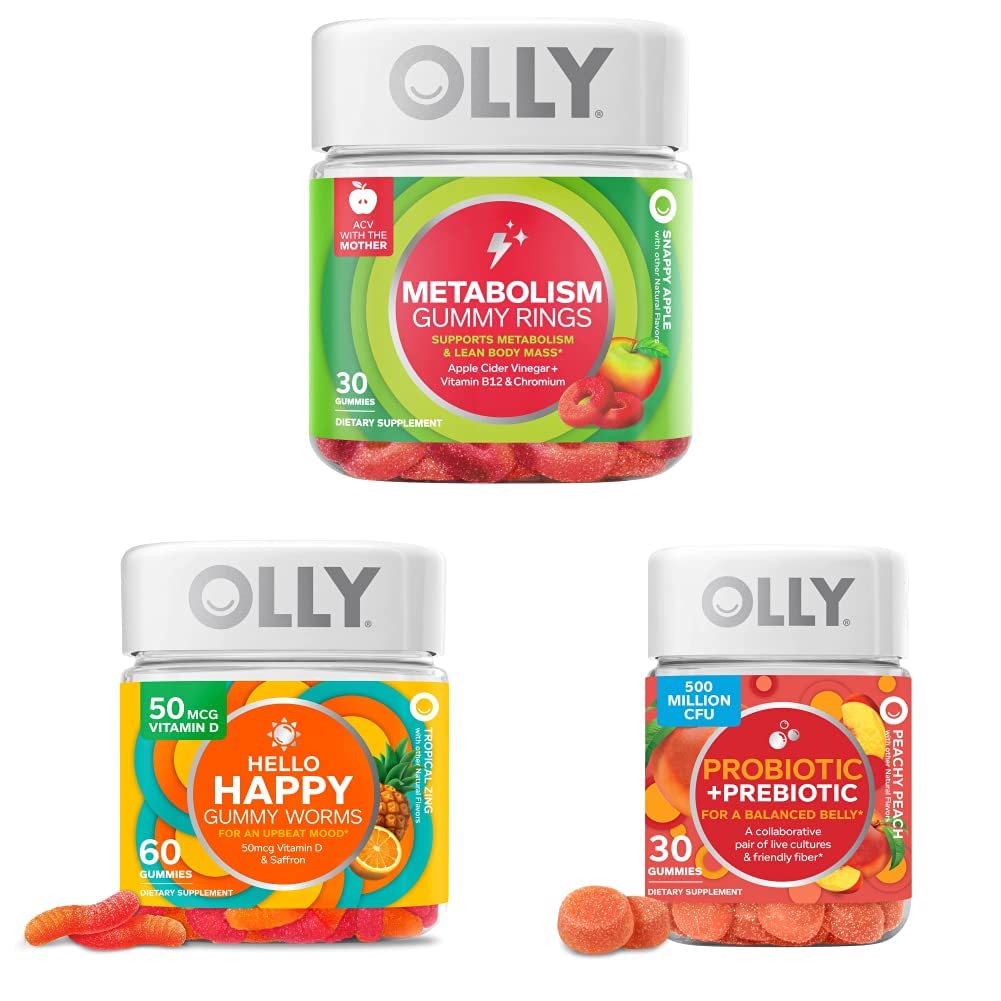 OLLY Metabolism Gummy Rings, Apple Sider Vinegar, Vitamina B12, Cromo, Energía y Salud Digestiva, Suplemento Chewable, Apple Flavor - 30 Conde y OLLY Hello Happy Gummy Worms, Mood Balance Support, Vitamina D, Saffron, Adult Chewable Suplemento, Tropical Zing - 60 Conde