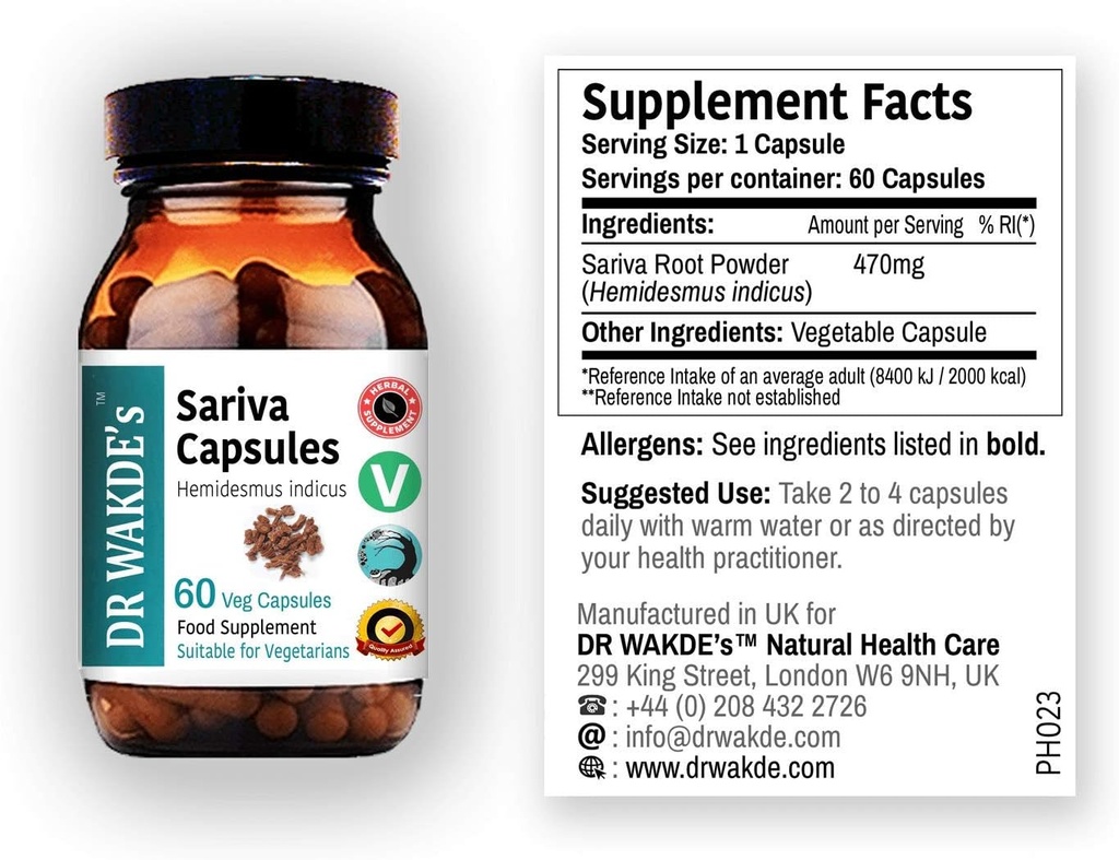 DR WAKDE'S Sariva Capsules (Anantomoola peru Hemidesmus indicus) Silencio 60 Veg Caps ← Ayurvedic Suplemento Silencio Vegan ← 100% Herbal Silencio Cantidad Descuentos confidencialidad Same Day Dispatch