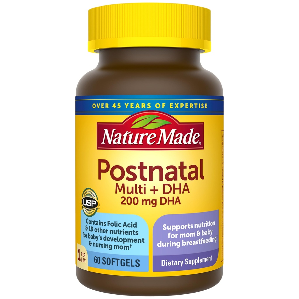 Multivitamina posnatal + DHA 200 mg, vitaminas postnatales para madres lactantes " bebés, vitaminas " nutrientes Incluye hierro, vitamina D3, calcio, yodo y más, 60 Softgels