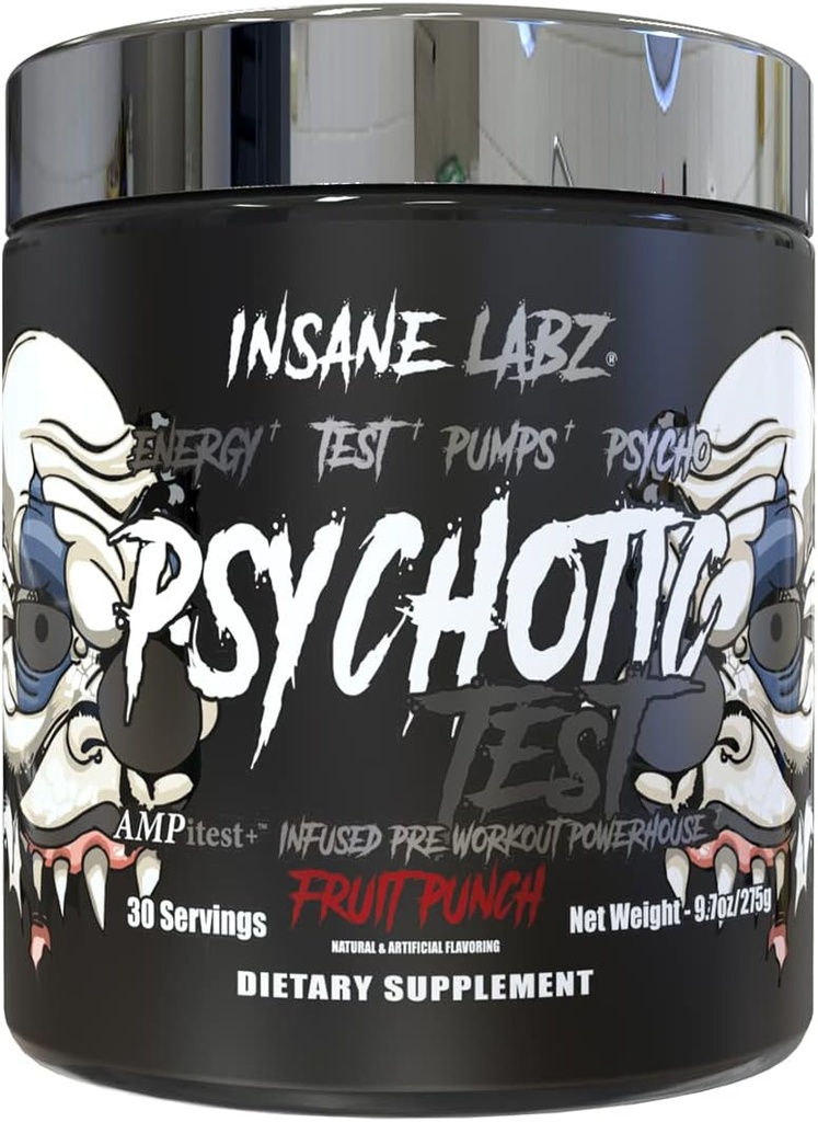 Prueba Psicótica Insane Labz, Testosterona de Alta Estimulación Energía y Bomba Boosting Pre-Workout Powder con DMAE Bitartrate, D Aspartic Acid, Creatine HCL y Glycerol Monostearate, 30 Servings, Fruit Punch