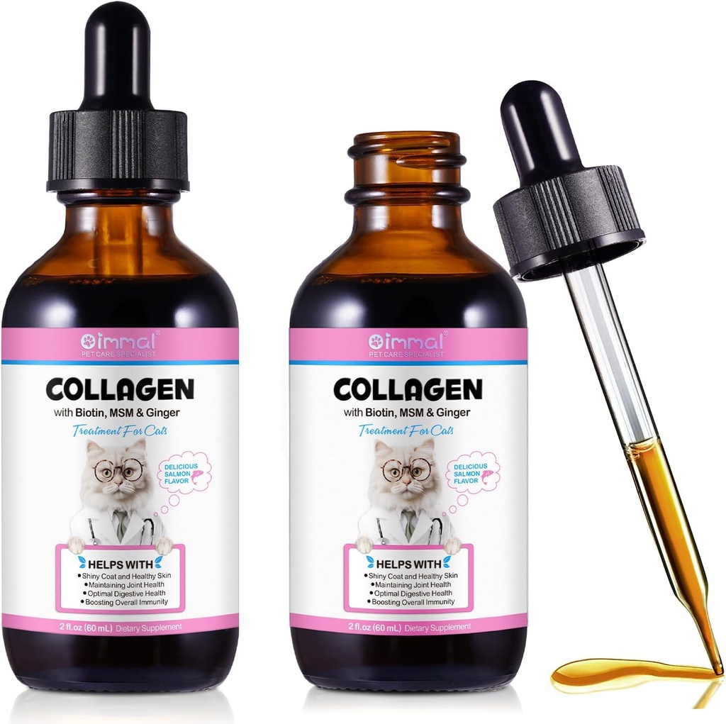 Collagen for Cats, Cat Collagen Liquid Drops with Biotin, MSM & Ginger Digestive &amp; Immunity Support, Itch Relief, Skin & Coat and Joint Health, Cat Supplement 60ml -2pcs