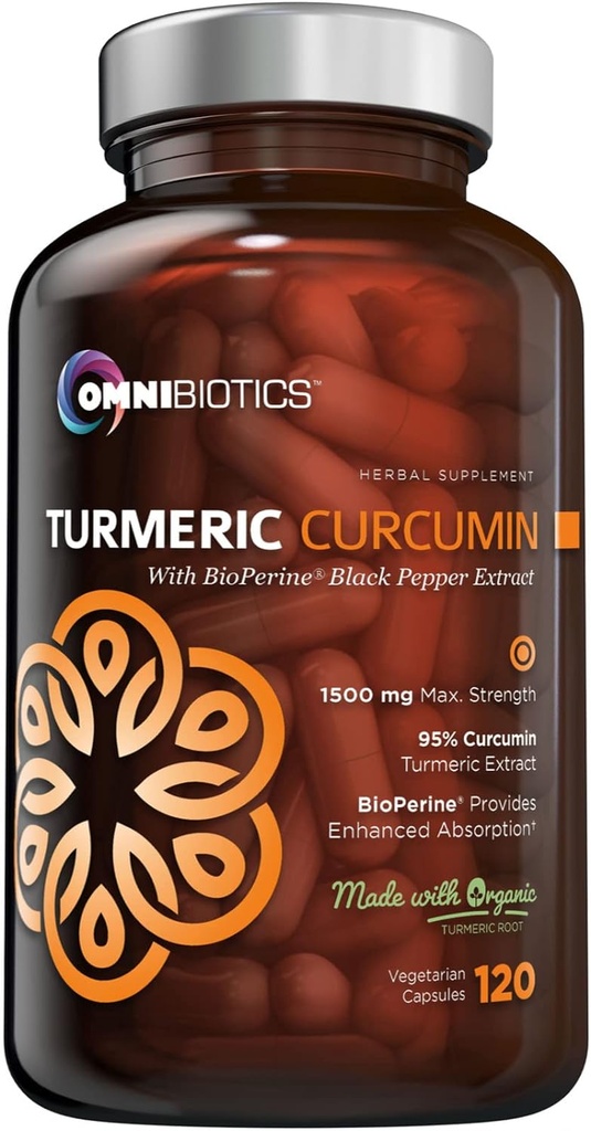 OmniBiotics Suplemento de Curcumina Turmérica Orgánica con Extracto Pepper Negro – 1500 mg Turmérico con 95% Curcuminoides " BioPerina, Alta Absorción para Soporte Conjunto – 120 cápsulas Veganas