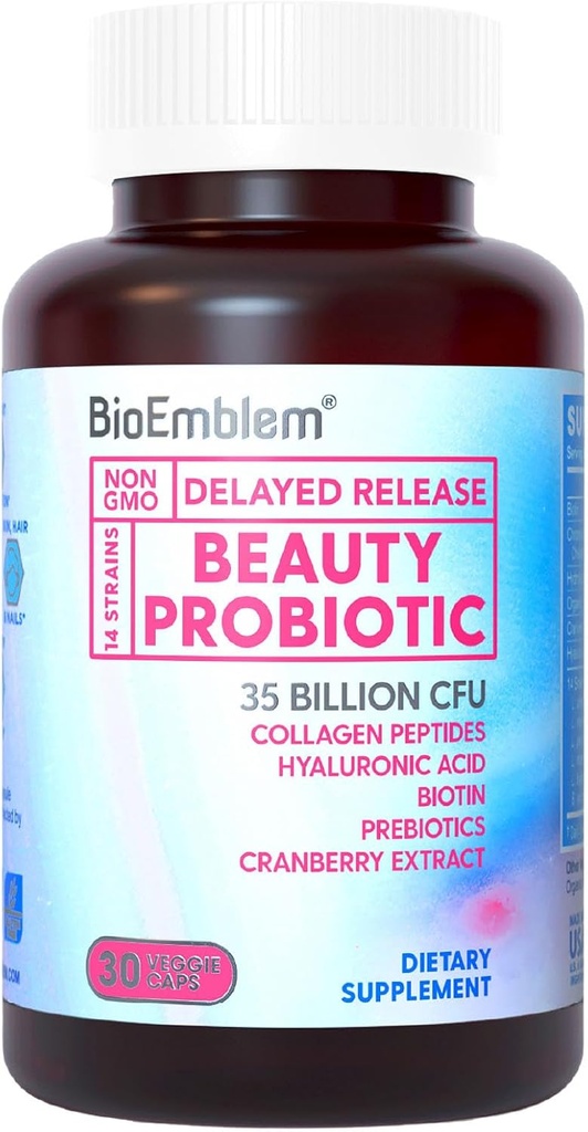 BioEmblem Beauty Probióticos para Mujeres, 35 millones de francos CFU 14 Estrenos con Biotina, Collagen, Prebióticos para Salud Digestiva, Esquí de Pelo y uñas, Suplemento Vaginal Probióticos, Estable de Estante, 30 Caps