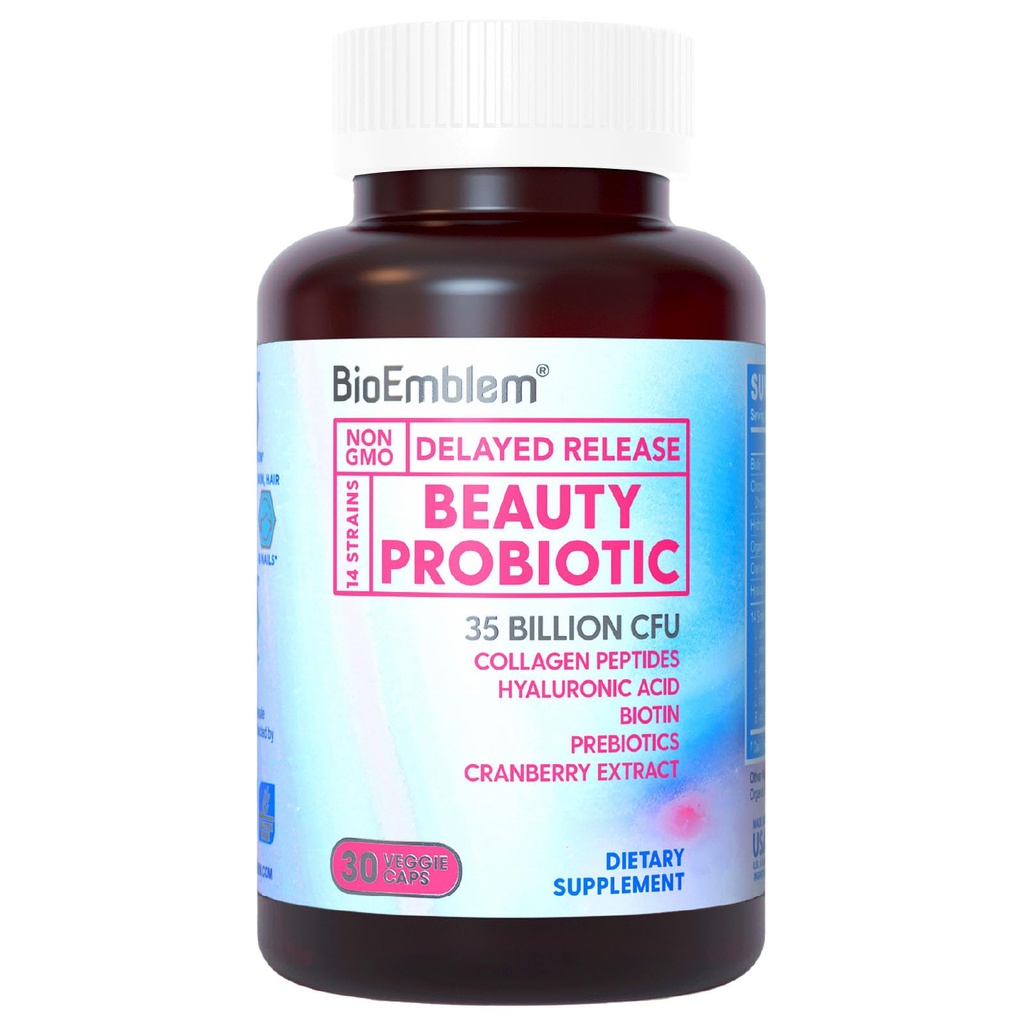 BioEmblem Beauty Probióticos para Mujeres, 35 millones de francos CFU 14 Estrenos con Biotina, Collagen, Prebióticos para Salud Digestiva, Esquí de Pelo y uñas, Suplemento Vaginal Probióticos, Estable de Estante, 30 Caps