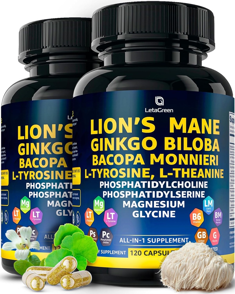 Organic Lions Mane Suplemento cápsulas - 240 Real Mushrooms Lion's Mane Capsules con Ginkgo Biloba Herb, Bacopa Monnieri, L Theanine, L Tyrosine - Mushroom Complex for Daily Wellness
