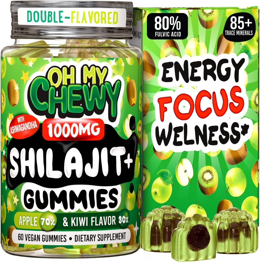 Pure Himalayan Shilajit Gummies - High Potency Gold Grade Resin - Energy Boost and Immune Support for Hombres and Women with Ashwagandha and Shatavari - Apple & Kiwi
