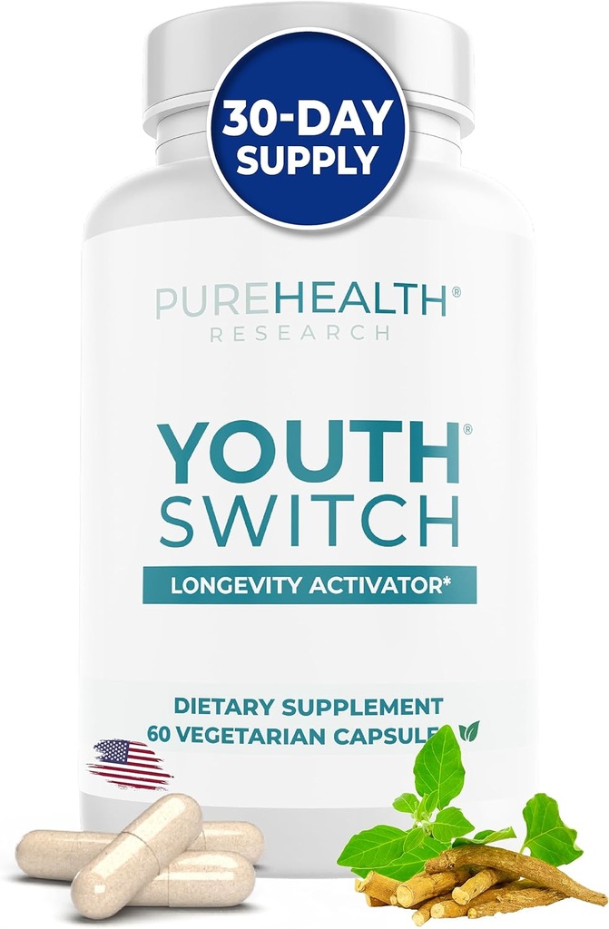 Interruptor Juvenil PUREHEALTH RESEARCH - Suplemento Anti Aging con Ashwagandha Extracto 600 mg KSM-66 - Activador de Longevidad - Suplementos Telomere - Disrupción " Envejecimiento inverso, 1 Botella - 60 cápsulas