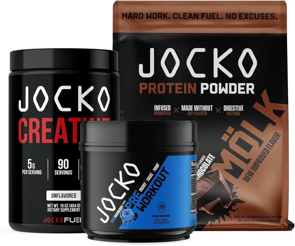 Jocko Fuel 3 Pack Gym Bundle - Creatina, Chocolate MOLK, & Blue Raspberry Pre Workout