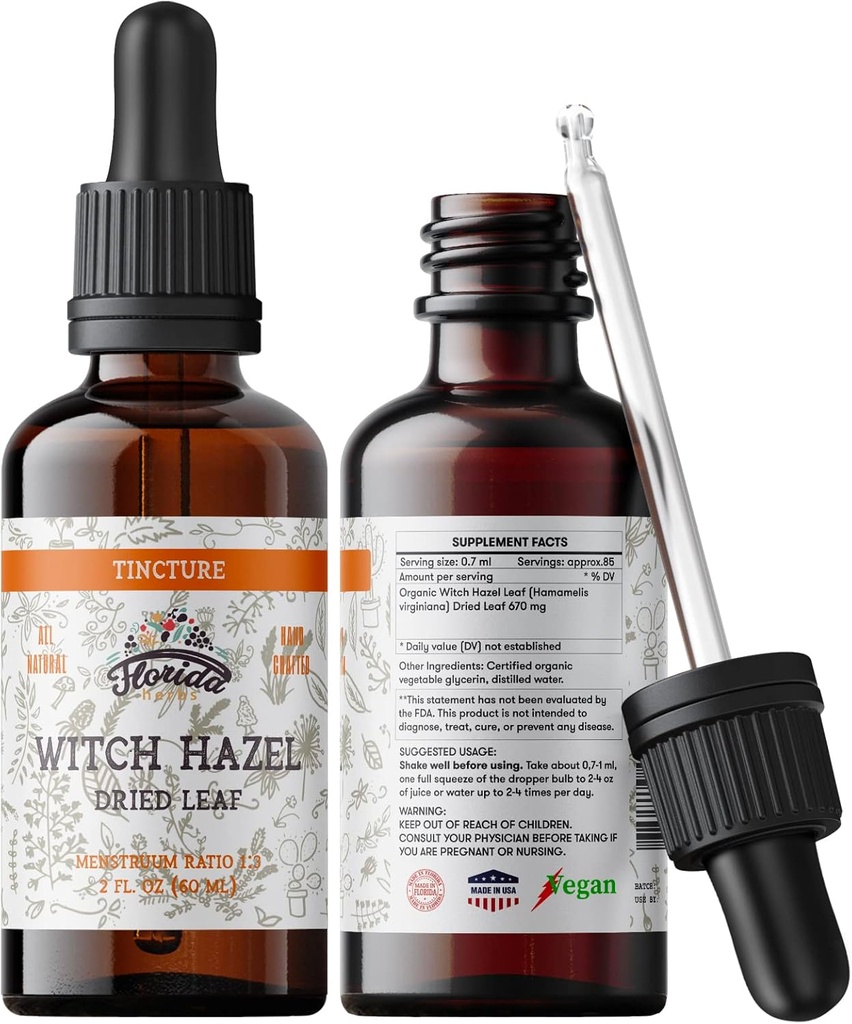 Ancho Hazel Leaf Tintura, Ancho Hazel Leaf Extracto (Hamamelis Virginia) Suplemento Herbal, No-GMO en Glice vegetal orgánica prendida en frío 2 x 2 oz, 700 mg, 2 oz (60 ml)