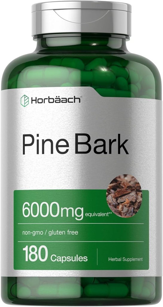 Horbäach Pine Bark Extract | 6000 mg | 180 Capsules | Standardized to Contain 75% Proanthocyanidins | Non-GMO, Gluten Free Supplement | High Potency