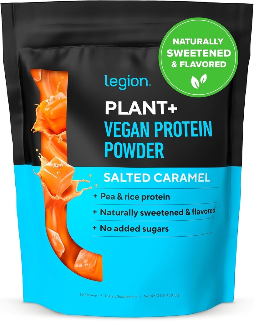 LEGION Plant+ Pólvora de proteína vegana, arroz y guisante, proteína vegetal Blend. Gluten Free, GMO Free, Naturally Sweetened and Flavored, 20 Servings, 2 Lbs (Salted Caramel)