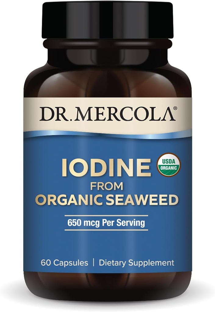 Dr. Mercola Iodine from Organic Seaweed, 650 mcg Por Serving, 30 Servings (60 Capsules), Dietary Supplement, Thyroid and Energy Support, Non-GMO, USDA Organic