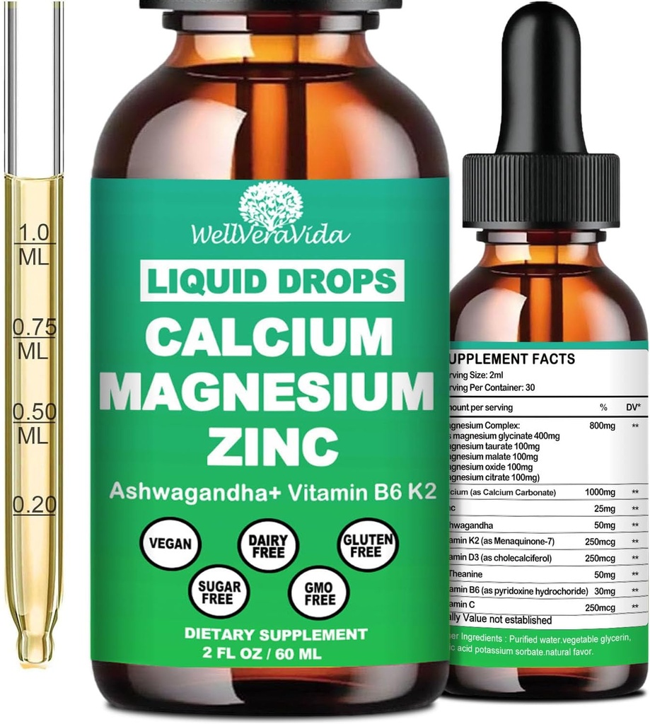 Calcium Magnesium Zinc Liquid Drops with Vitamin D3 K2, High Potency Calcium Magnesium Supplement w/Magnesium Complex, Zinc, Theanine丨Gluten Free丨 for Immune, Bone,Muscle, Mood & Sleep Support