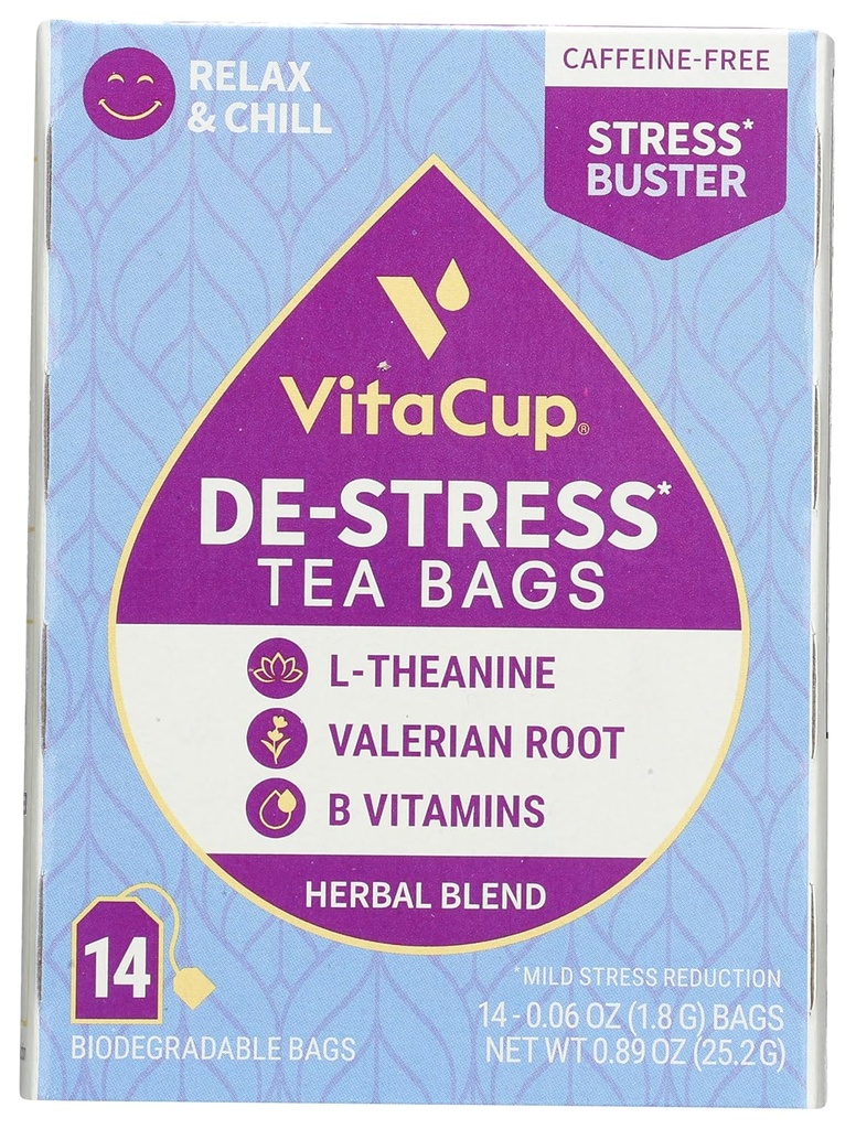 DeStress Herbal Tea Bags by VitaCup, Relax & Chill w/Chamomile, L-Theanine, Valerian Root & B Vitamins, Caffeine Free Single Serve Wellness Tea Sachet Bag, 14 ct